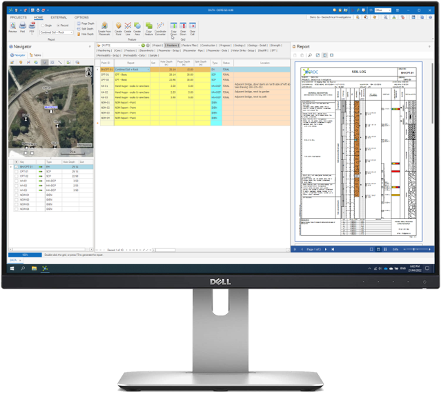 CORE-GS on a desktop monitor showing the data grid and a borehole & CPT log report