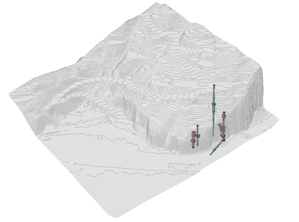 Boreholes within a 3D contour terrain model