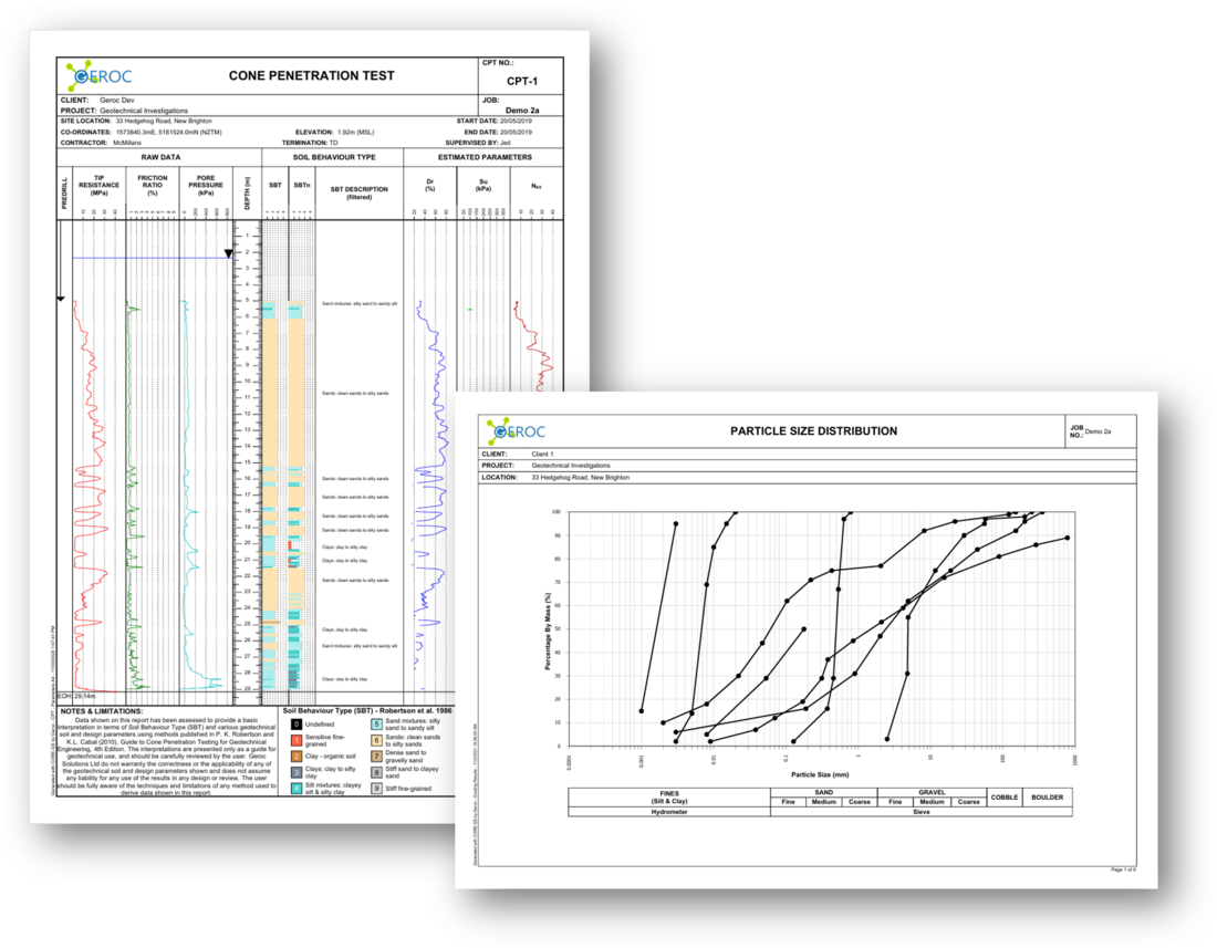 A fan of GEROC report examples — borehole logs, CPT logs and core photo sheets